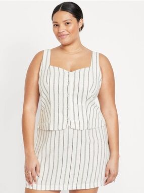 Old Navy Vest Striped Linen-Blend Button Front Square Neck White & Black 3X
